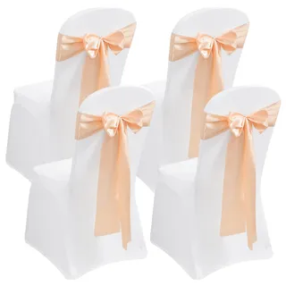 Waufoae 4 Stück Stuhlhussen Weiß, Universal Stuhlhussen, Elegante Stuhl für Hochzeit, Elasthan Stuhlüberzug Abnehmbarer mit 4 Seide Champagnerfarbe Stuhlhusse Schleifen für Bankett Dining Küche Party