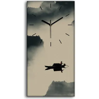 Wanduhr Bürouhr Leinwand Bild Quarz 30x60 Chinesische Tusche Landschafts Malerei - schwarze Hände - Grau
