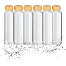 Bild Trinkflasche mit Bambusdeckel, 6er Set, 500 ml, Wasserflasche mit Hülle, Borosilikatglas, transparent/schwarz