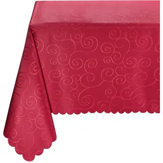 BEAUTEX Tischdecke Damast Ornamente - Bügelfreies Tischtuch - Fleckabweisende, Pflegeleichte Tischwäsche - Tafeltuch, Oval 135x180 cm, Bordeaux