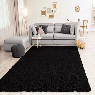 VIMODA Prime Shaggy Teppich Schwarz Hochflor Langflor Teppiche Modern, Maße:Ø 80 cm Rund