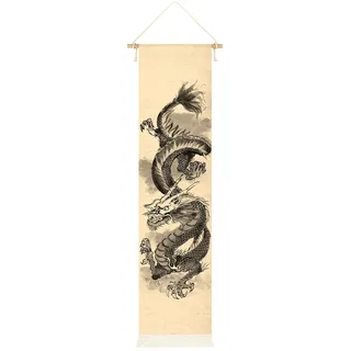 Hanging Poster Canvas Wall Art Painting of Chinese Dragon Tapestry Ink And Watercolor Effect Wall Tapestry With 2 Tassels And Wooden Hanging Rod Wall Decor Tapestry Decoration For Room (Style-A)