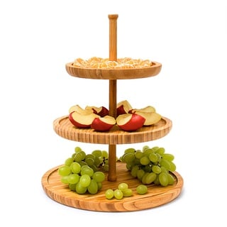 Relaxdays Etagere Bambus H: 25 cm D: 30 cm 3-stöckige Obstetagere aus Holz mit 3 runden Schalen zur Ablage von Gebäck, Kekse, Party-Snacks, Nüsse, Süßigkeiten als Obstteller und Servierplatte, natur