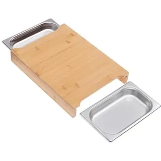 Bambus Schneidebrett 38×28,5×5,6 cm mit 2 GN 1/4 Behältern – Tranchierbrett aus Bambus, hygienisch & langlebig, mit herausnehmbaren Edelstahl-Auffangschalen zum sauberen Schneiden & Sammeln