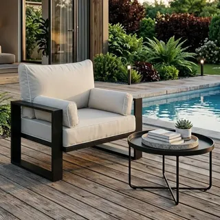BEAUTYSOFA | VERDINO Gartensessel Beige – Gartenstuhl Lounge mit Metallrahmen, Outdoor Sessel wetterfest, Polyrattan SIMAX 42 - Beige