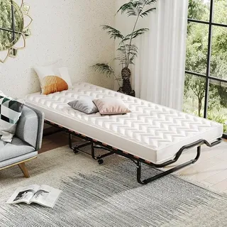 Klappbett 80x200 cm, Gästebett klappbar mit 4 Rollen, Reisebett Erwachsene, Klappbares Bett mit Matratze Memory-Foam, Einzelbett mit Lattenrosten, Faltbett Metallbett bis 120 kg belastbar - Weiß
