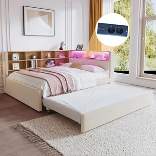 Ball & Cast Schlafsofa (140x200cm & 90 * 190cm) Tagesbett mit USB-Anschlüssen und Leuchten, Einzelbett mit Mehreren Ablagefächern, Ohne Matratze, Beige