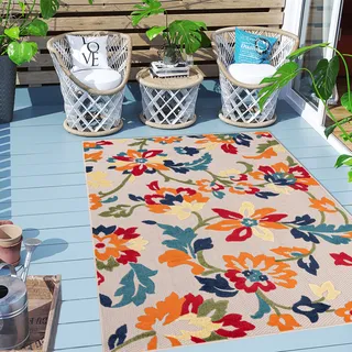 Carpeto Rugs Blumenmuster In- & Outdoor Teppich Wetterfest für Balkon, Terasse - Balkon Teppich Wasserfest - Outdoorteppich Wetterfest - Aussenteppich Terrasse Groß - Orange Bunt - 160 x 230 cm - Bunt