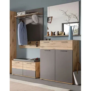 Garderobe Set 4-teilig "Tomaso" Eiche und grau 195 x 200 cm mit Soft-Close - Grau, Naturbelassen