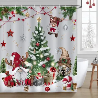 Bonhause Duschvorhang Weihnachten Wichtel Xmas Baum Gnom Winterurlaub Duschvorhänge 180 x 180 cm Anti-Schimmel Wasserdicht Polyester Stoff Waschbar Bad Vorhäng für Badzimmer mit 12 Haken