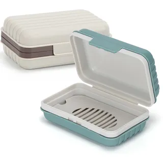 alyvisun 2 Stück Seifendose Reise mit Deckel, Tragbare Seifenschale, Seifenbox mit Abtropfbrett Design, Wasserdichter Auslaufsicherer Seifenbehälter für Dusche, Reise und draußen (Grün & Weiß)