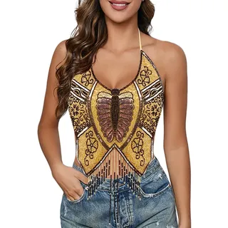 Mocure, glitzerndes Pailletten-Bauchfreies Damen-Top mit Schmetterlingsmuster, tief ausgeschnittenes Tanktop, Rave-Röhren-Top, geeignet für Bauchtanz-Kostüme, Gold, Einheitsgröße