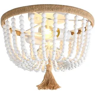Deckenlampe Wohnzimmer Holzperlen Boho Weiß, Retro Deckenleuchte | Vintage Design Hängelampe Landhaus Hängeleuchte Holzhaus Pendelleuchte Bauernhaus Küchenlampe Schlafzimmer Flurlampe 2-flame