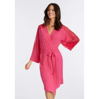 Kimono LASCANA, Damen, Gr. 32/34, rot (dunkelrot), Obermaterial: 95% Viskose, 5% Elasthan. Spitze: 100% Polyamid, unifarben, Kurzform, Hausmäntel Kimono, mit schönen Spitzendetails