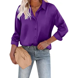 Generisch Bluse Damen Elegant Satin Hemd Langarm Oberteile V Ausschnitt Business Shirt Oberteil Mit Knöpfen Tops Lose Langarmshirt
