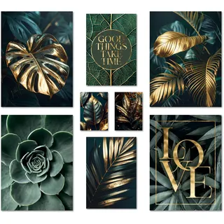 ARTFAVES® Poster Set - GOLD PLANT HARMONY - mehrteilige Wanddeko Wohnzimmer & Schlafzimmer - 8 moderne Wandbilder Pflanzen Bilder, grün, Blätter, Monstera - ohne Bilderrahmen