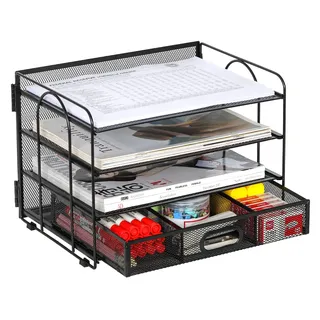 EasyPAG 4 Fächer A4 Metall Büro Schreibtisch Organizer Dokumentenhalter Aktenablage Zeitschriftenhalter Briefablage Papier Magazin Organisator mit Schreibwaren Schublade,Schwarz