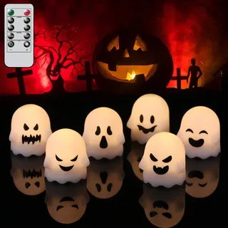 Eldnacele Halloween Dekoration Flammenlose Kerzen mit Fernbedienung und Timer, 6er-Pack Grimassen Geisterkerzen, Batteriebetriebene Weiße LED-Teelichter mit Dimmbarem Licht für Halloween Dekoration