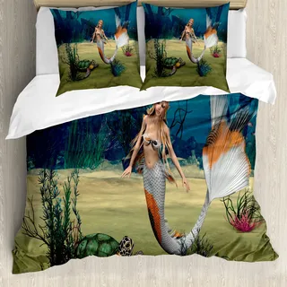 ABAKUHAUS Meerjungfrau Bettbezug, Mermaid Turtle Ozean, Milbensicher Allergiker geeignet mit Kissenbezügen, 155 cm x 220 cm - 80 x 80 cm, Mehrfarbig