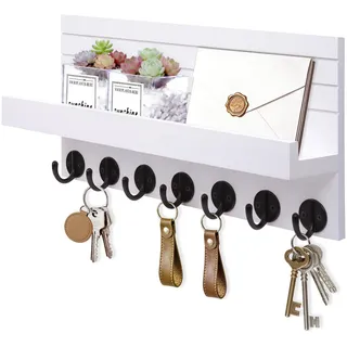 Kldgris Schlüsselbrett Holz mit Ablage Moderne Schlüsselhalter/Schlüsselboard und 7 Schlüsselhaken Schlüsselaufbewahrung für Eingang, Flur, Schlafzimmer, Wohnzimmer (Weiß)