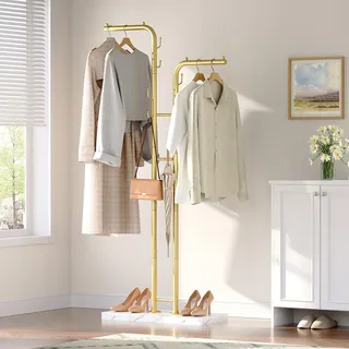 YATINEY Garderobenständer, Kleiderständer mit 2 Stangen, goldfarbener freistehender Jackenständer, Garderobe mit 8 Haken, modern, für Flur, Wohnzimmer, Schlafzimmer Goldfarbe und Weiß XYM02DWY1