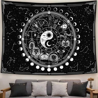 Kanuyee Wandteppich mit zwölf Sternbildern in Schwarz und Weiß, Sonne und Mond, Yin und Yang, mystischer Wandbehang für Heimdekoration (88,9 x 119,4 cm)