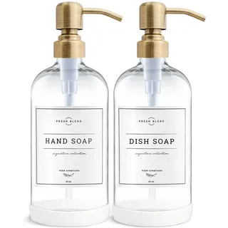 Vine Creations Seifenspender aus klarem Glas, 2 Stück, Dicke 473 ml Flaschen, rostfreie Edelstahlpumpe, Badezimmer-Küchenzubehör, mit Wasserdichten Etiketten (gebürstetes Gold)
