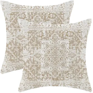 AEIOAE Kissenhüllen, Leinen, quadratisch, 50,8 x 50,8 cm, Boho-Stil, für Außen- und Innendekoration, für Sofa, Bett, Braun, Beige und Weiß, 2 Stück