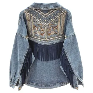 Jeansjacke Damen,Damen Jeansjacke Mit Boho Quaste Blumenstickerei Wildleder Fransen Jeans Oberteile Maßgeschneiderter Stretch Jeansmantel Mit Trucker Knopf Strickjacke Kurze Jeansjacke Für Mädchen H