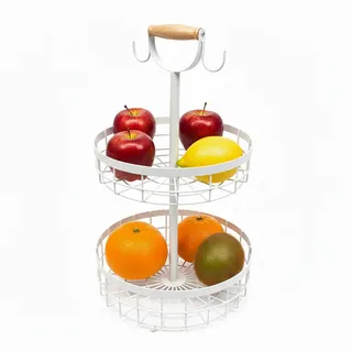 Relaxdays Obstkorb Weiß 2-stöckig Metall mit Buchenholzgriff , Metall, Holz , 53 cm , Geschirr, Schalen & Schüsseln, Obstschalen