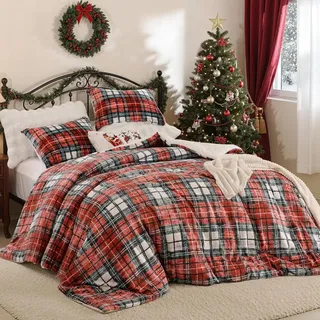 Weihnachts Bettwäsche 200x220 Biber Flauschige Flanell Winter Bettwäsche | ÖKO-TEX Zertifiziert,Rot Kariert Gitter Muster,Bettwäsche für Allergiker,Bettbezug mit Reißverschluss 2 Kissenbezug 80x80 cm