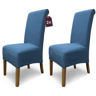 Scheffler Home Stuhlhussen Emma Cottina Blau 2er Set – Elastische waschbare Stuhlbezüge aus Baumwolle – Stuhlabdeckungen für Hochlehner Esszimmerstühle – Öko-Tex Zertifiziert