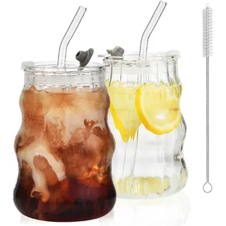 ALINK 2 Stück 530ml Latte Macchiato Gläser mit Deckel und Strohhalm, Eiskaffee Gläser, Longdrinkglas Set, Smoothie Becher, luftdichtes und wasserdichtes Design, ideal als Kaffee