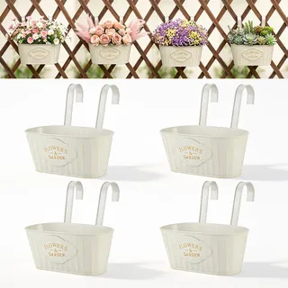 Yimomoyi 4 Stück Hängende Blumentöpfe für Balkon Geländer Zaun Garten, Metall Blumentöpfe Pflanzentöpfe Blumenkasten Pflanzkasten zum Aufhängen mit Abnehmbarem Haken (Weiß)