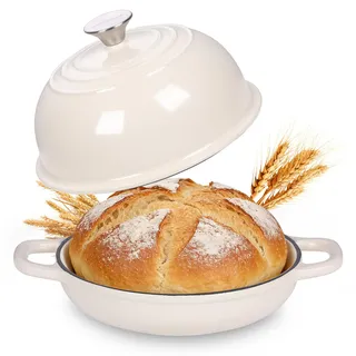 NSIRONS Gusseisen Brotbackform mit Deckel, 4,7L Gusseisen Topf Brot Backen, 23 cm Emaille Bräter mit Deckel, Idealer Brottopf, Brotbacktopf, Backofengeeignet (Weiß)
