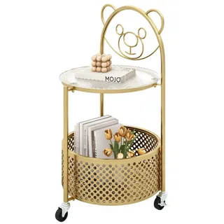 Costway Mobiler Couchtisch aus Glas, 2-stufiger runder Beistelltisch mit Bärenmuster, Ablagekorb & Metallrahmen, moderner Sofatisch auf Rollen Golden - Gold, Transparent