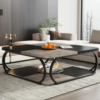 Quadratischer Couchtisch - 2-stöckiger Wohnzimmertisch 100 cm - Landhaus & Industrie Design - Robustes Metallgestell - Holz Ablageboden - Grau Schwarz - Grau, Schwarz