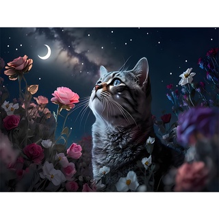 EOBROMD Diamond Painting Katze, 5D Diamant Painting Bilder Erwachsene Blume, DIY Mond Diamant Malerei Set für Wanddekoration 30x40 cm