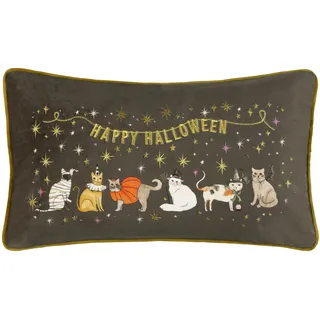 furn. Halloween Pawty Kissen mit Polyesterfüllung – Süßes, gruseliges, Besticktes Dekokissen aus Samt mit Halloween-Katze (Mehrfarbig – 30x50cm)