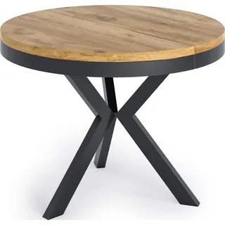 Runder Ausziehbarer Esstisch im Loft-Stil - Industrieller Tisch mit Schwarzen Metallbeinen - Platzsparender Tisch für Wohnzimmer - Craft Eiche - 100 bis 140 cm - Hellbraun