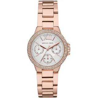 Michael Kors Damen Quartz Armbanduhr, 33.00mm Gehäusegröße mit weiß analog Zifferblatt und Rosegold Metallarmband Armband MK6845