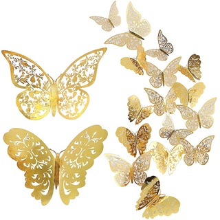 CattleyaHQ 24 Stück Schmetterling Wandaufkleber, Mixed 3D Schmetterlinge Wandtattoos, lebendige Flash Wandaufkleber für Zuhause, Schlafzimmer, Baby Room Decor (Gold)