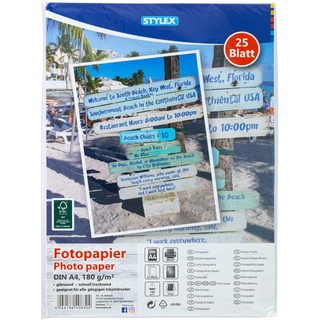 Stylex 40832 - Fotopapier, DIN A4, 25 Blatt, 180 g/m2, glänzend, schnelltrocknend, geeignet für alle gängigen Inkjetdrucker, Weiß