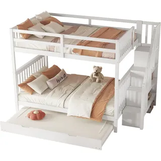 Stilvora Etagenbett 140/200 cm & 92/191 cm in Weiß mit Treppenregal, Rollbett und hohem Geländer , Holzwerkstoff , 140x200 cm , Babymöbel & Kindermöbel, Kinderzimmer & Jugendzimmer, Stockbetten