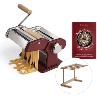 SPRINGLANE Manuelle Nudelmaschine Nonna, Edelstahl, Pastamaker inkl. Rezeptheft, Nudeltrockner & 3 Schneideaufsätze für Spaghetti, Lasagne, Tagliatelle - Rot