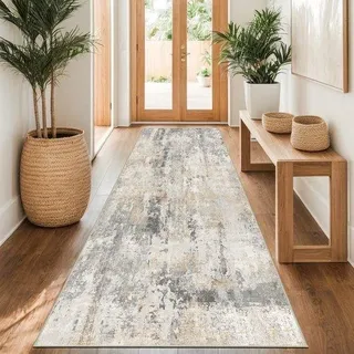 Grijs Goud Abstract Kunstwollen Tapijt 80x300cm Antislip Wasbaar Keuken- und Wohnzimmerboden, Modern Minimalistisch