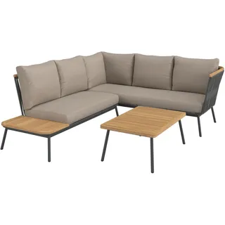 Ambia Garden Loungegarnitur , Dunkelgrau, Beige, Teakfarben , Holz, Metall, Textil , 3-teilig , Teakholz , massiv , Füllung: Schaumstoff,Polyester , 229x200 cm , Gartenmöbel, Loungemöbel, Loungegarnituren