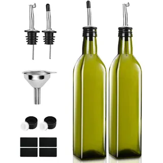 PANENDIANO Olivenöl Spender Flasche 2PCS 500ML mit Ausgieße Speiseöl Essig Messspender Set mit Trichter für Küche Grill Pasta Salate und Backen