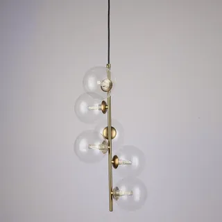 Lineare Pendelleuchte „Palma“ – 6 Kugeln aus klarem Glas, Gold-Finish, 6 G9-Leuchten.