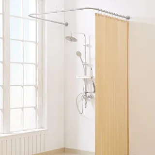 Yampos U Form Duschvorhangstange, Einstellbare [Beide Seiten: 60 cm - 132 cm, Mitte: 76 cm - 117 cm] Badewanne Duschstange Außenduschstange für Badezimmer mit 12-Haken für Deckenunterstützung